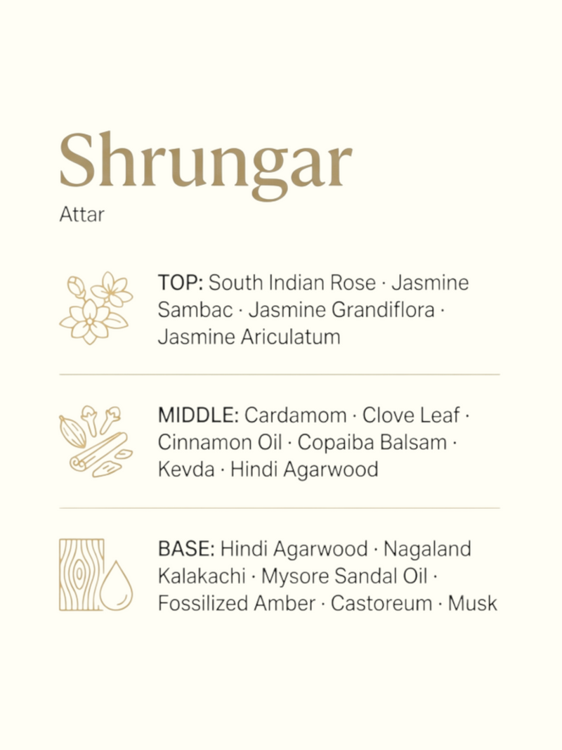 Three wooden massage sticks arranged below three small ingredient clusters of white flowers, green cardamom pods, and pale orange rind on a clean off-white background.