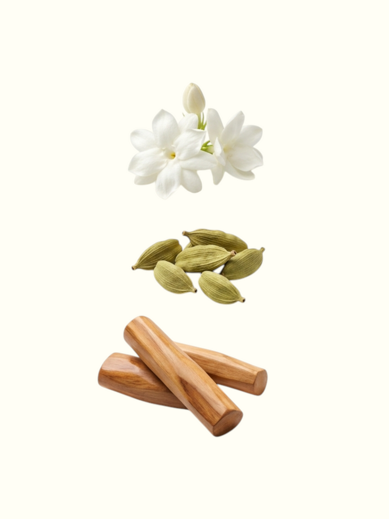 PERFUME BAY Shrungar attar ingredients featuring white jasmine flowers, green cardamom pods, and Mysore sandalwood sticks