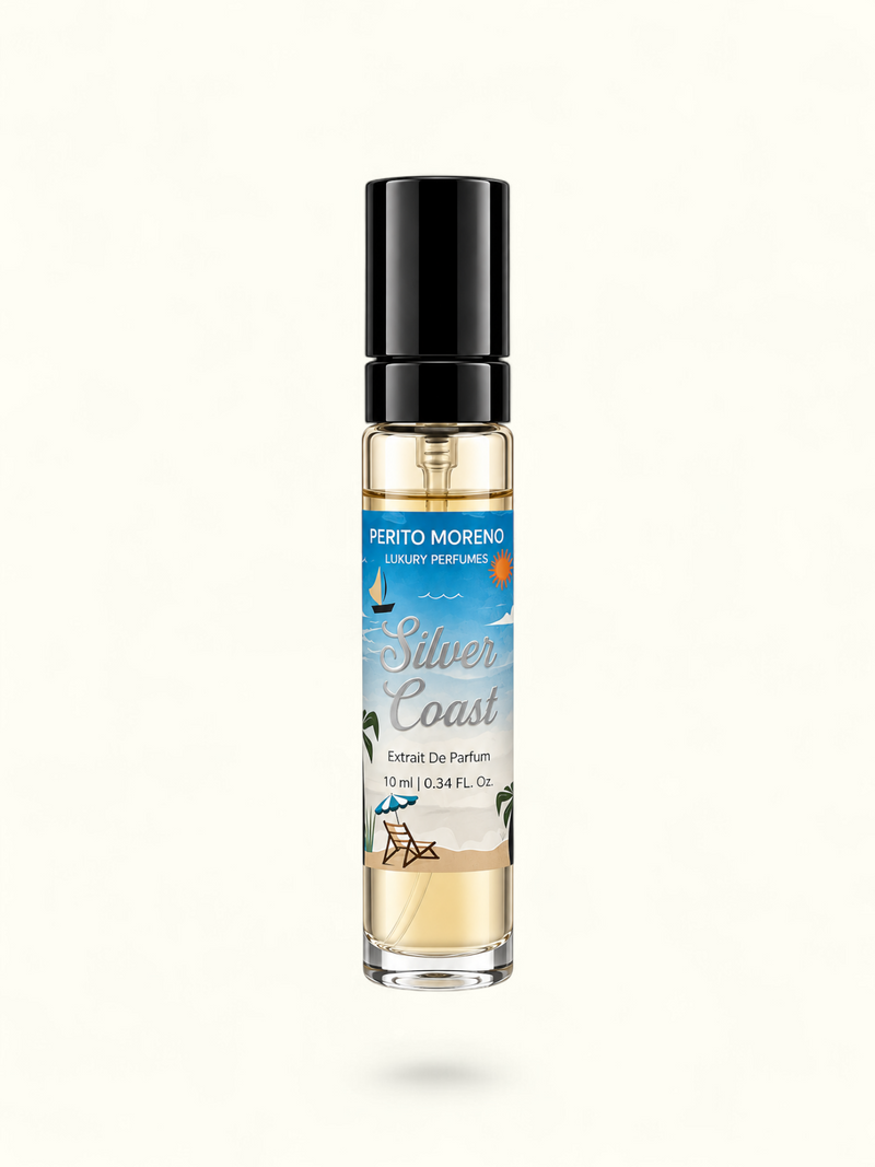 A 10 ml roll-on perfume bottle by Perito Moreno Luxury Perfumes, named 'Silver Coast', featuring a black cap and a tropical beach-themed label on a white background.