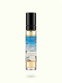 A 10 ml roll-on perfume bottle by Perito Moreno Luxury Perfumes, named 'Silver Coast', featuring a black cap and a tropical beach-themed label on a white background.