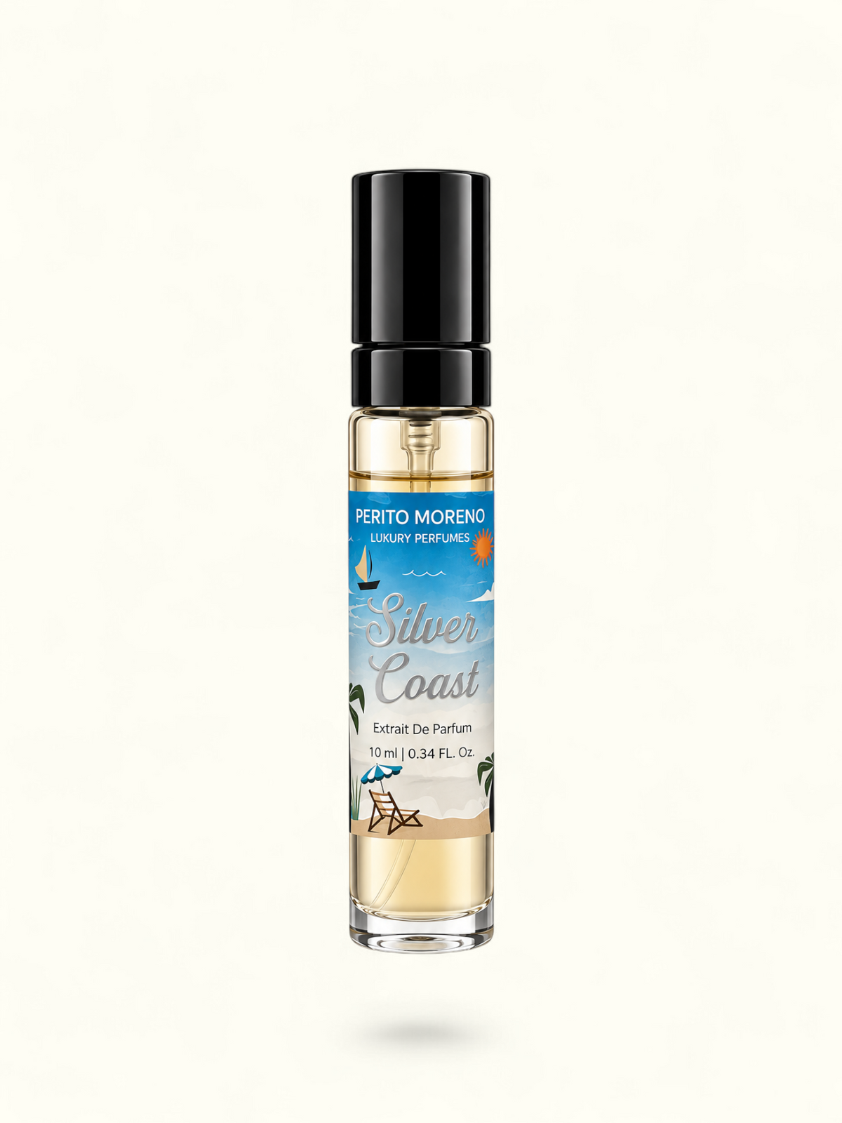 A 10 ml roll-on perfume bottle by Perito Moreno Luxury Perfumes, named 'Silver Coast', featuring a black cap and a tropical beach-themed label on a white background.