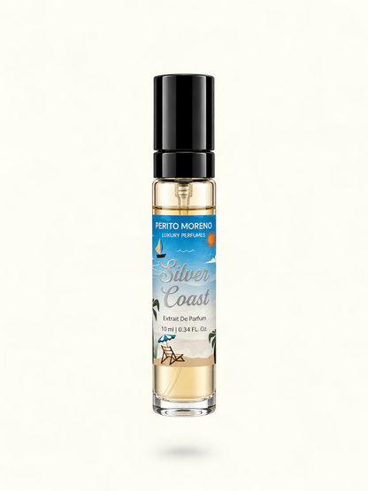 A 10 ml roll-on perfume bottle by Perito Moreno Luxury Perfumes, named 'Silver Coast', featuring a black cap and a tropical beach-themed label on a white background.
