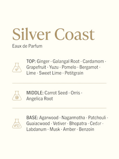 PERFUME BAY Silver Coast Eau de Parfum fragrance notes list featuring citrus, spice, and woody aromatic ingredients.