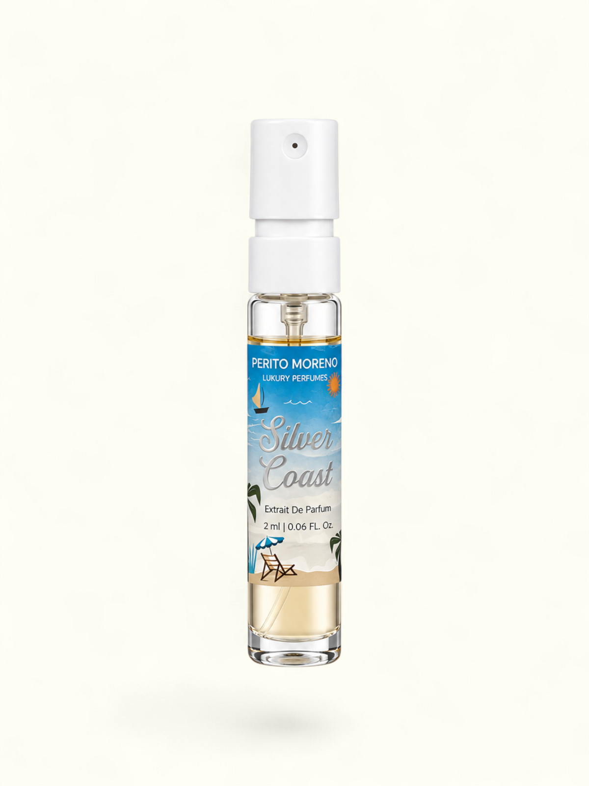 A 2ml perfume atomizer bottle with a white spray cap and a tropical beach-themed label reading 'Perto Moreno Silver Coast Extrait De Parfum'. The bottle is filled with a light golden liquid and set against a plain white background.