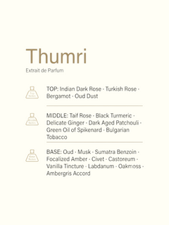 Thumri Extrait de Parfum fragrance profile graphic on a light cream background, featuring a lime slice, turmeric root, and dried bark on the left, with listed notes and fragrance notes on the right.