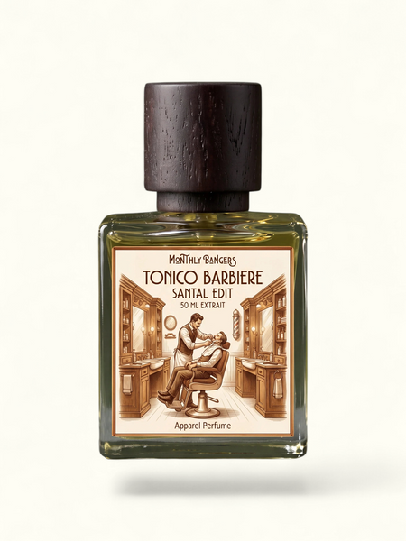 PERFUME BAY Tonico Barbere Santal Edit fragrance bottle with a dark wood cap on a textured grey stone surface.