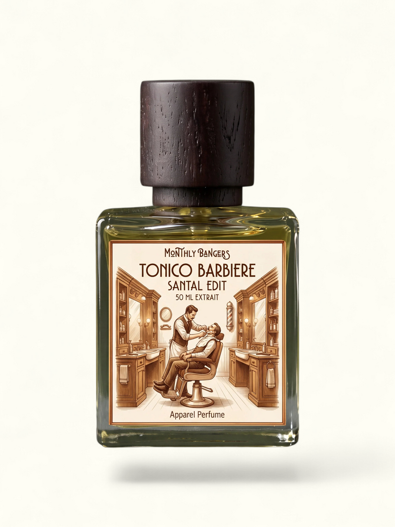 PERFUME BAY Tonico Barbere Santal Edit fragrance bottle with a dark wood cap on a textured grey stone surface.