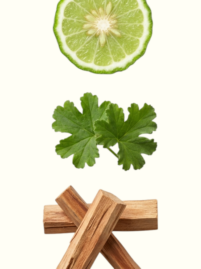 A perfume ingredient graphic for 'Tonico Barbere Santal Edit' on a light cream background. The left side features a sliced lime, a green herb leaf, and two pieces of sandalwood wood.