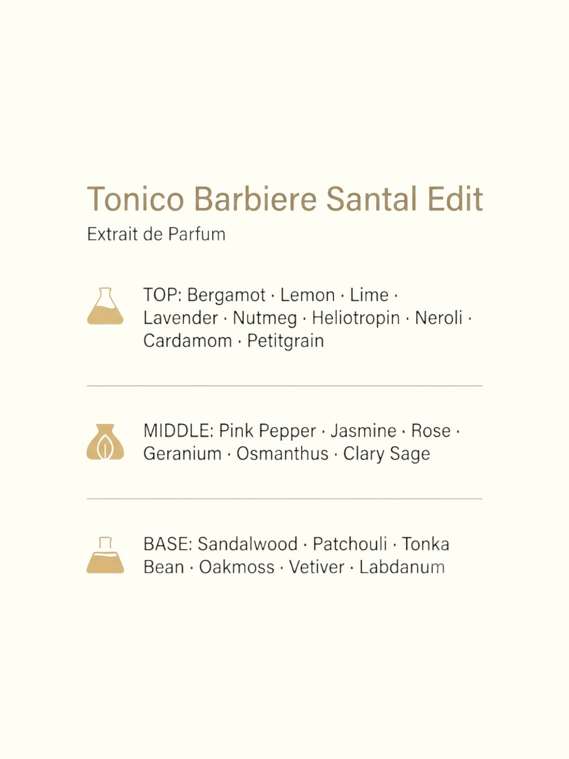 A perfume ingredient graphic for 'Tonico Barbere Santal Edit' on a light cream background. The left side features a sliced lime, a green herb leaf, and two pieces of sandalwood wood.