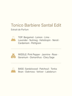 A perfume ingredient graphic for 'Tonico Barbere Santal Edit' on a light cream background. The left side features a sliced lime, a green herb leaf, and two pieces of sandalwood wood.
