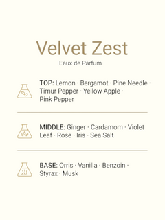 A perfume ingredients graphic for Velvet Zest Eaux de Parfum on a light cream background. The design features fresh lemon slices, whole cardamom pods, and vanilla beans arranged artistically on the left, with the scent profile listed on the right including lemon, bergamot, pine needle, turmeric pepper, yellow apple, pink pepper, ginger, cardamom, violet leaf, rose, iris, sea salt, orris, vanilla, benzoin, styrax, and musk.