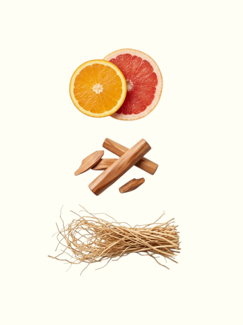 An informational graphic for Vetiver Jacmel Attar, featuring a photograph of raw ingredients (sliced citrus, cinnamon sticks, and dried roots) on the left, and a text breakdown of the fragrance's top, middle, and base notes on the right. The background is a warm off-white.