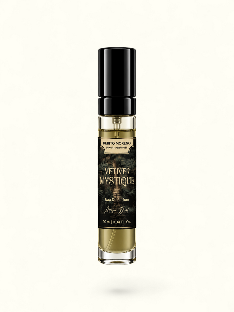 A 10ml perfume bottle of Vetiver Mystique by Perito Moreno, featuring a black cap, a black label with gold lettering, and golden-yellow liquid inside a clear glass bottle, set against a plain white background.