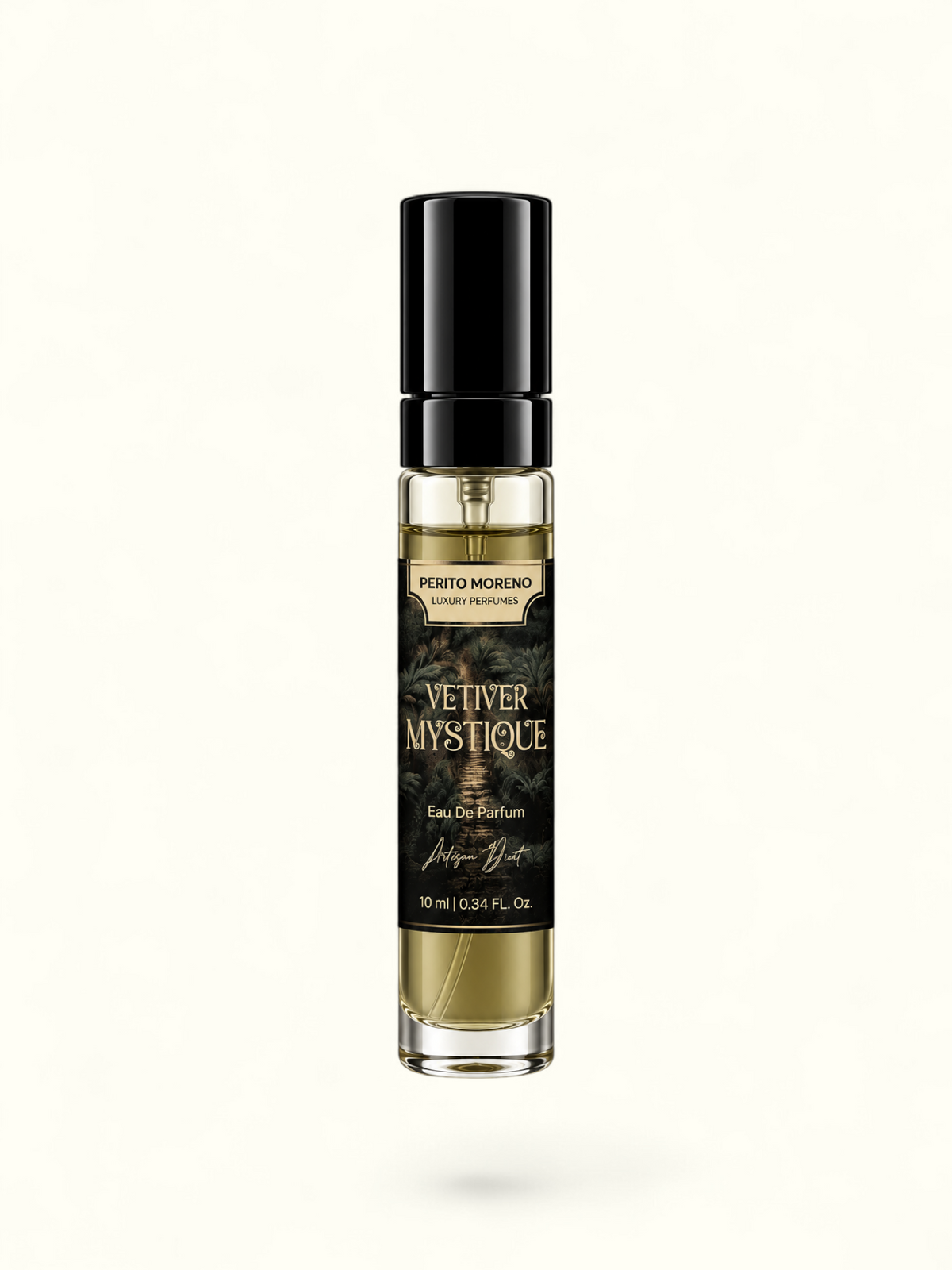 A 10ml perfume bottle of Vetiver Mystique by Perito Moreno, featuring a black cap, a black label with gold lettering, and golden-yellow liquid inside a clear glass bottle, set against a plain white background.
