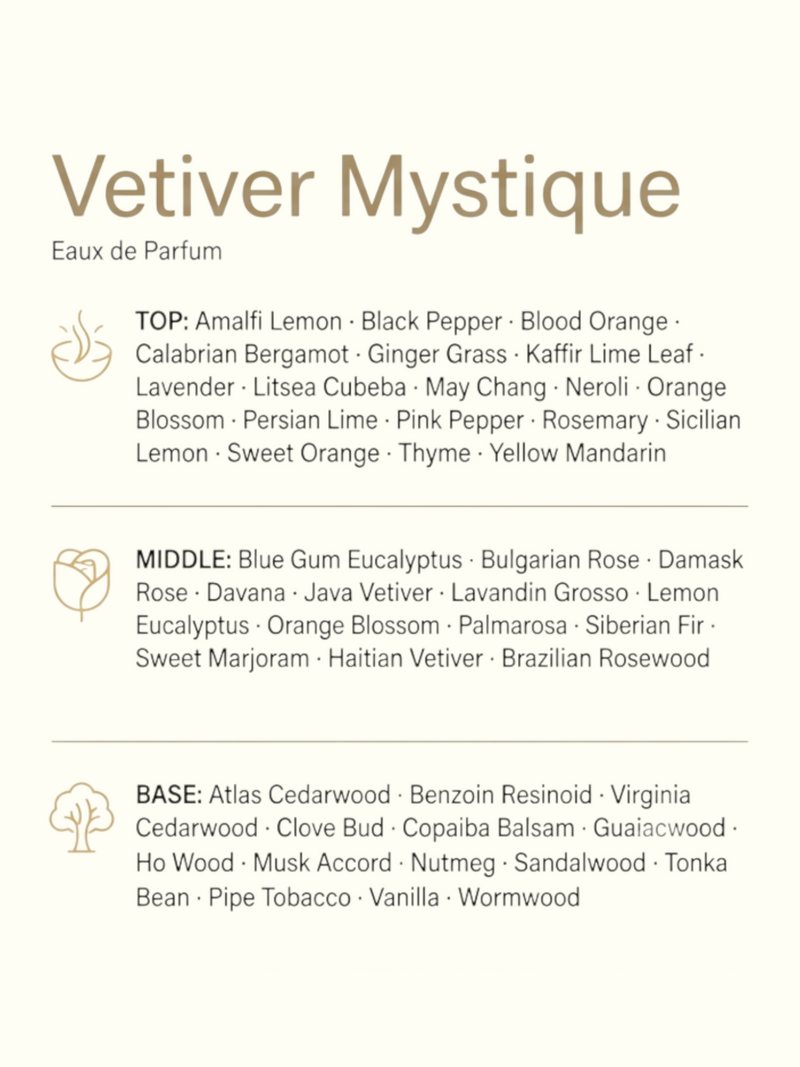 A fragrance ingredients graphic for Vetiver Mystique Eau de Parfum, showing a green leaf, brown root pieces, and a bark piece above a list of top, middle, and base notes on a white background.