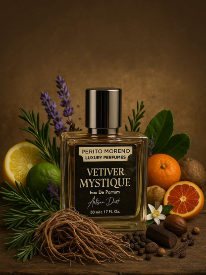 Perfume bottle labeled 'Vetiver Mystèque' by Perito Moreno Luxury Perfumes with natural elements on a wooden surface.
