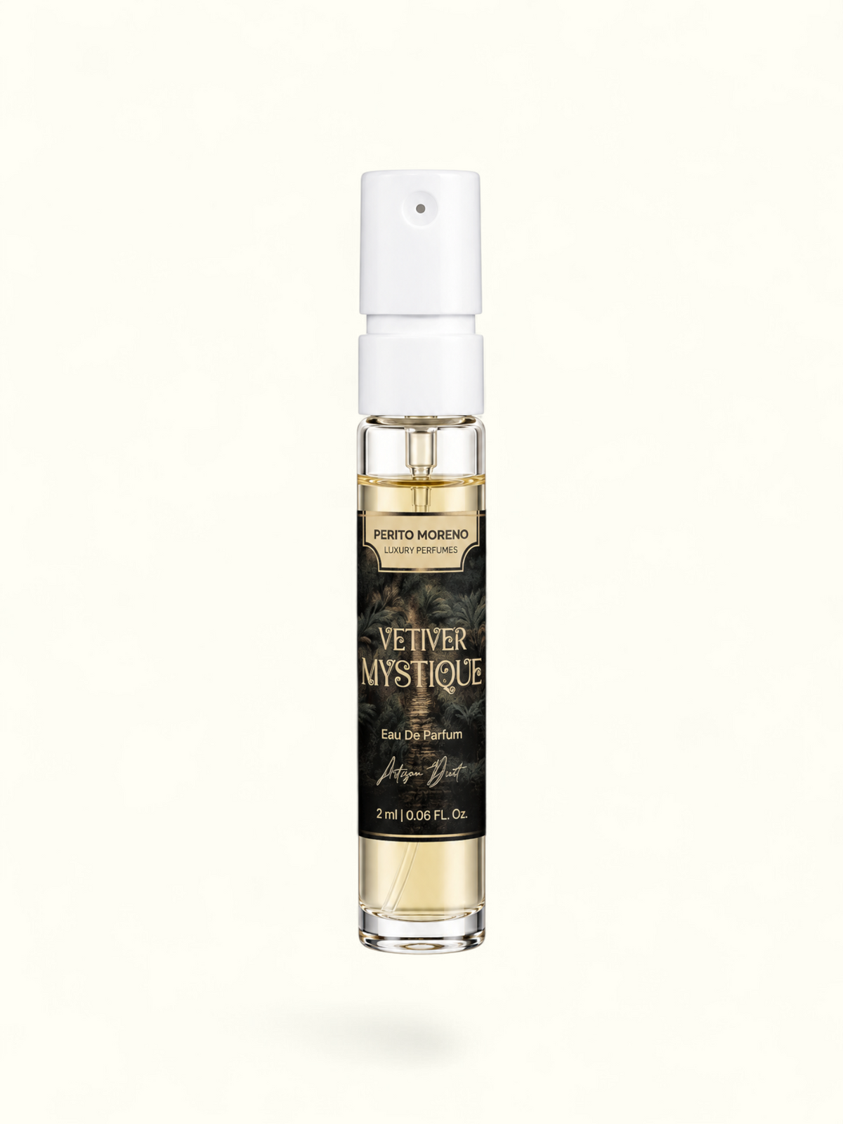 A 2 ml clear glass perfume spray bottle with a white atomizer cap, containing light amber liquid. The bottle features a black label with gold lettering that reads 'PERTO MORENO CAYE PERFUMES' and 'VETIVER MYSTIQUE'.