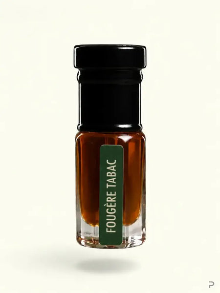 PERFUME BAY Fougère Tabac fragrance in a small glass bottle with a dark green label and black cap