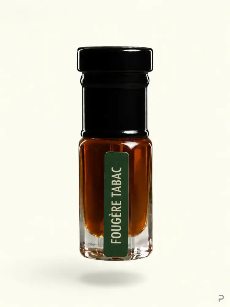 PERFUME BAY Fougère Tabac fragrance in a small glass bottle with a dark green label and black cap