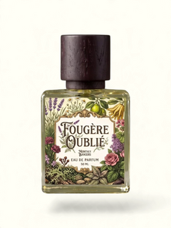 PERFUME BAY Fougere Oublie Eau De Parfum in a glass bottle with a rustic wooden cap and botanical illustration label.