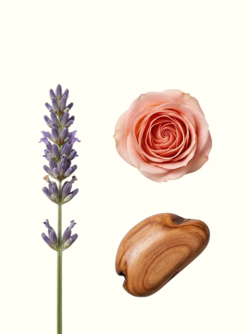PERFUME BAY Fougere Oublie fragrance notes featuring lavender, a pink rose, and a smooth wooden stone on cream background