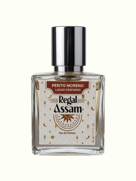 PERFUME BAY Regal Assam woody eau de parfum in a clear glass bottle with a silver cap on a wooden surface