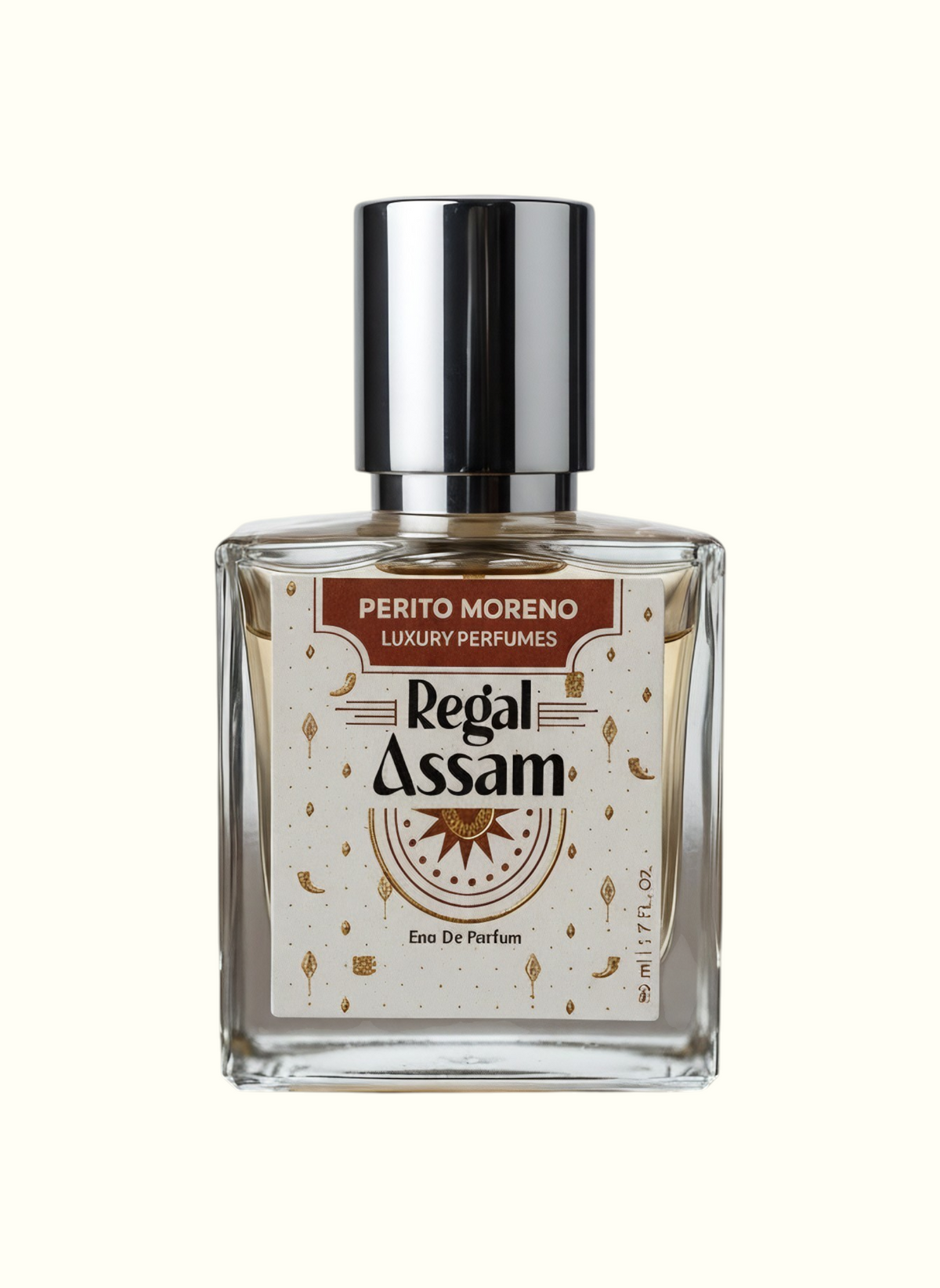 PERFUME BAY Regal Assam woody eau de parfum in a clear glass bottle with a silver cap on a wooden surface