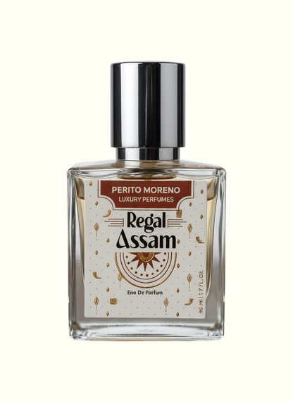 PERFUME BAY Regal Assam woody eau de parfum in a clear glass bottle with a silver cap on a wooden surface