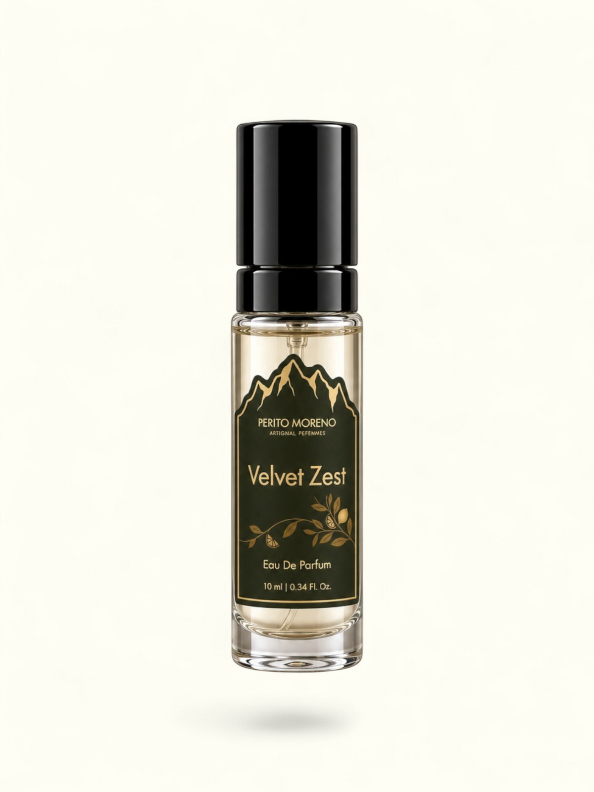 PERFUME BAY Velvet Zest 10ml eau de parfum in a clear glass spray bottle with a black cap and mountain logo label.