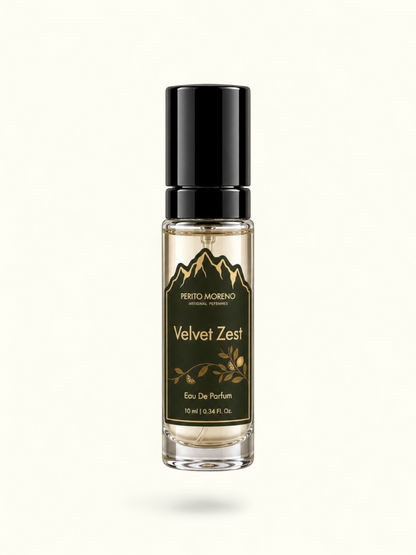 PERFUME BAY Velvet Zest 10ml eau de parfum in a clear glass spray bottle with a black cap and mountain logo label.